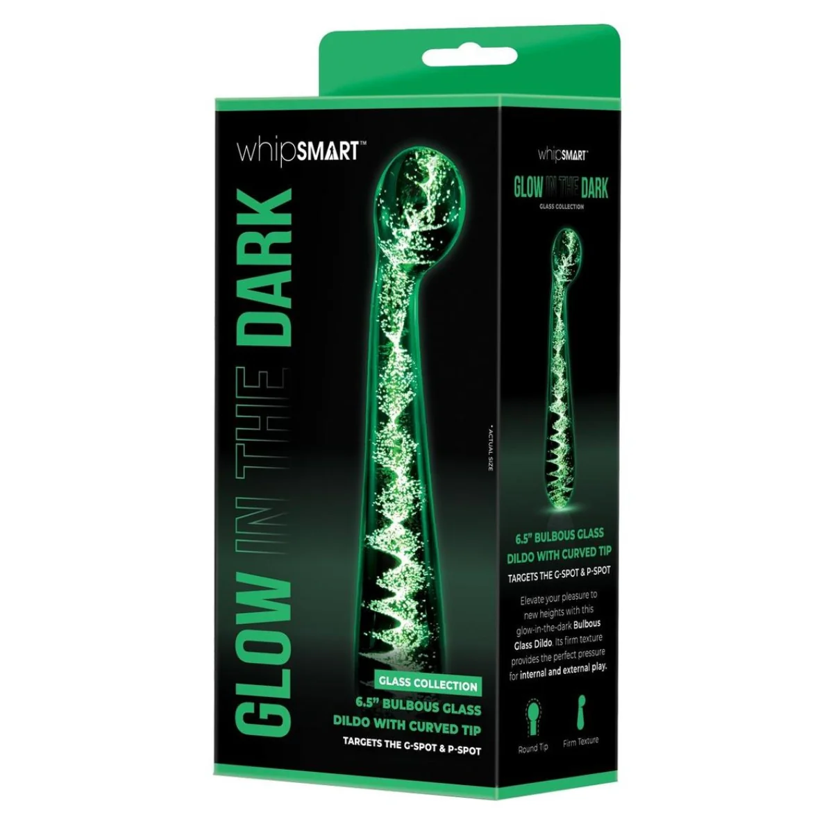 Whipsmart Glow In The Dark Glass Bulbous Dildo With Curved Tip 6.5 Inch - Image 2