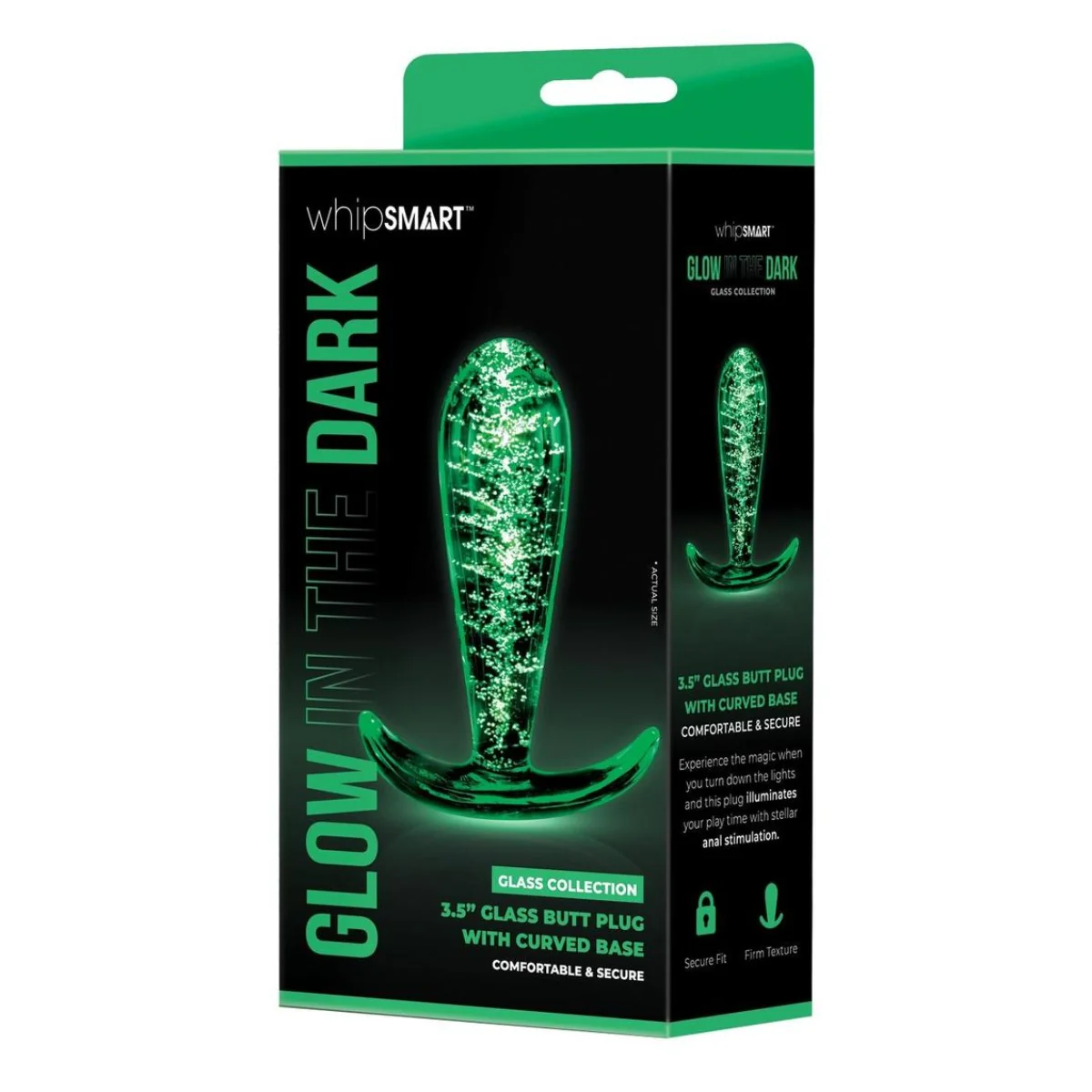 Whipsmart Glow In The Dark Glass Butt Plug With Curved Base 3.5 Inch - Image 2